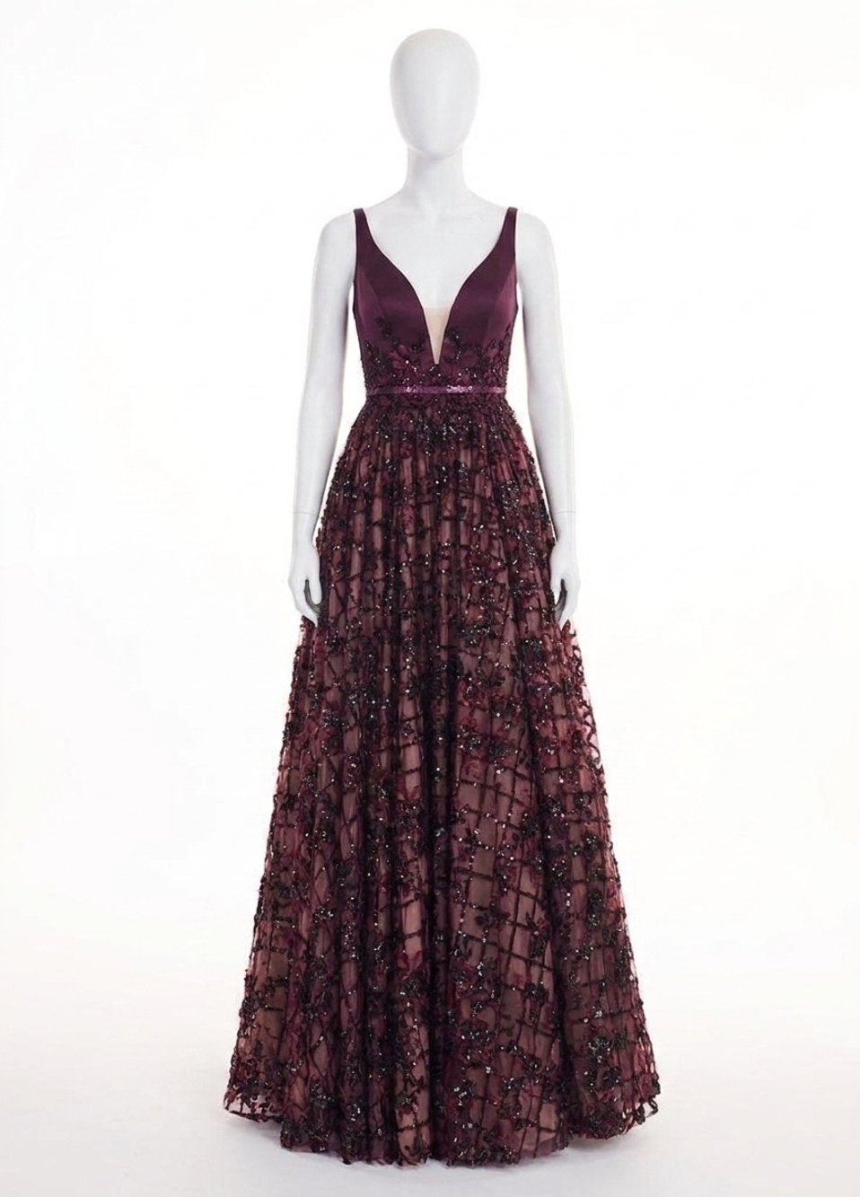 NEW RACHEL ALLAN floral sequin satin prom gown in black cherry